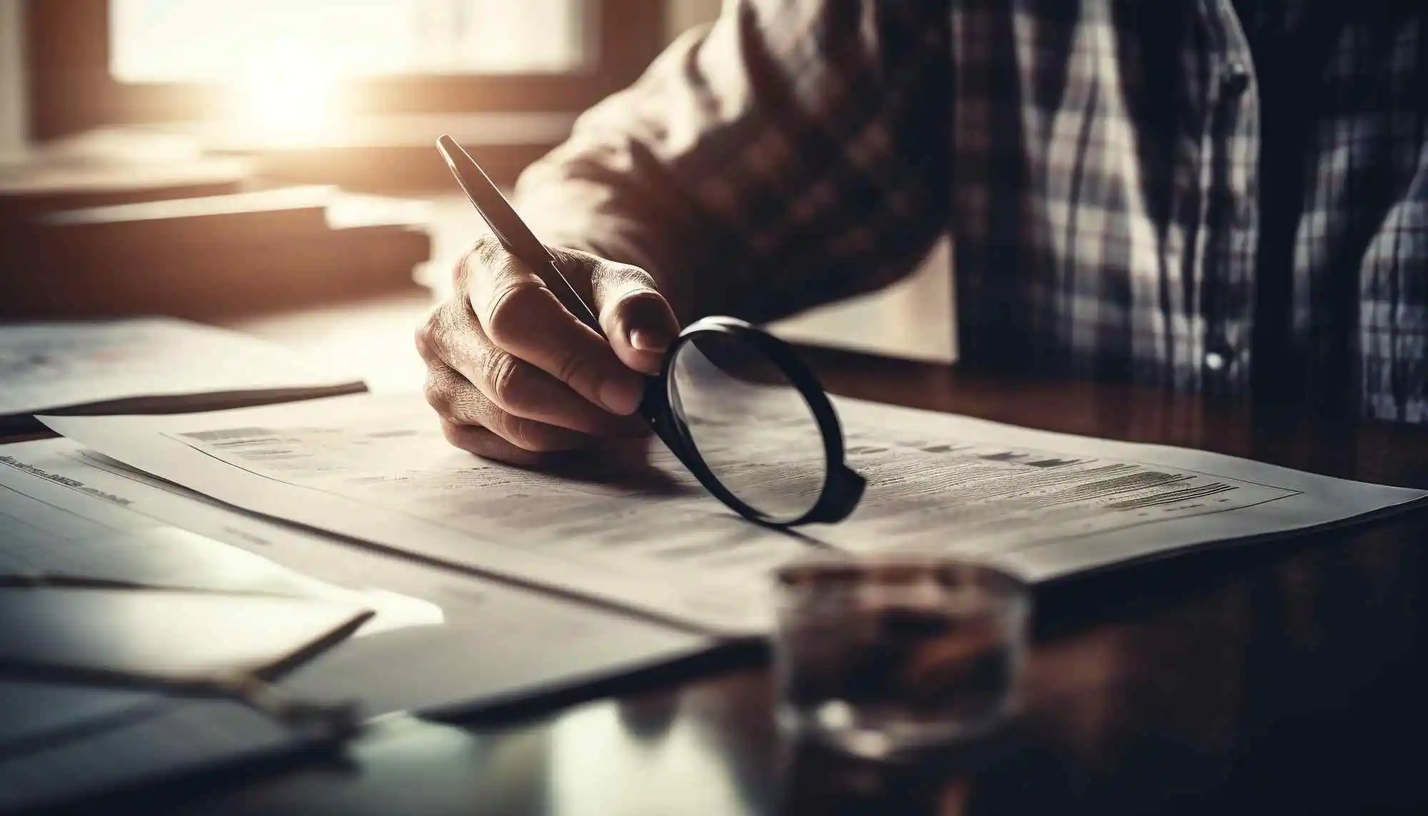 Person examining documents with a magnifying glass